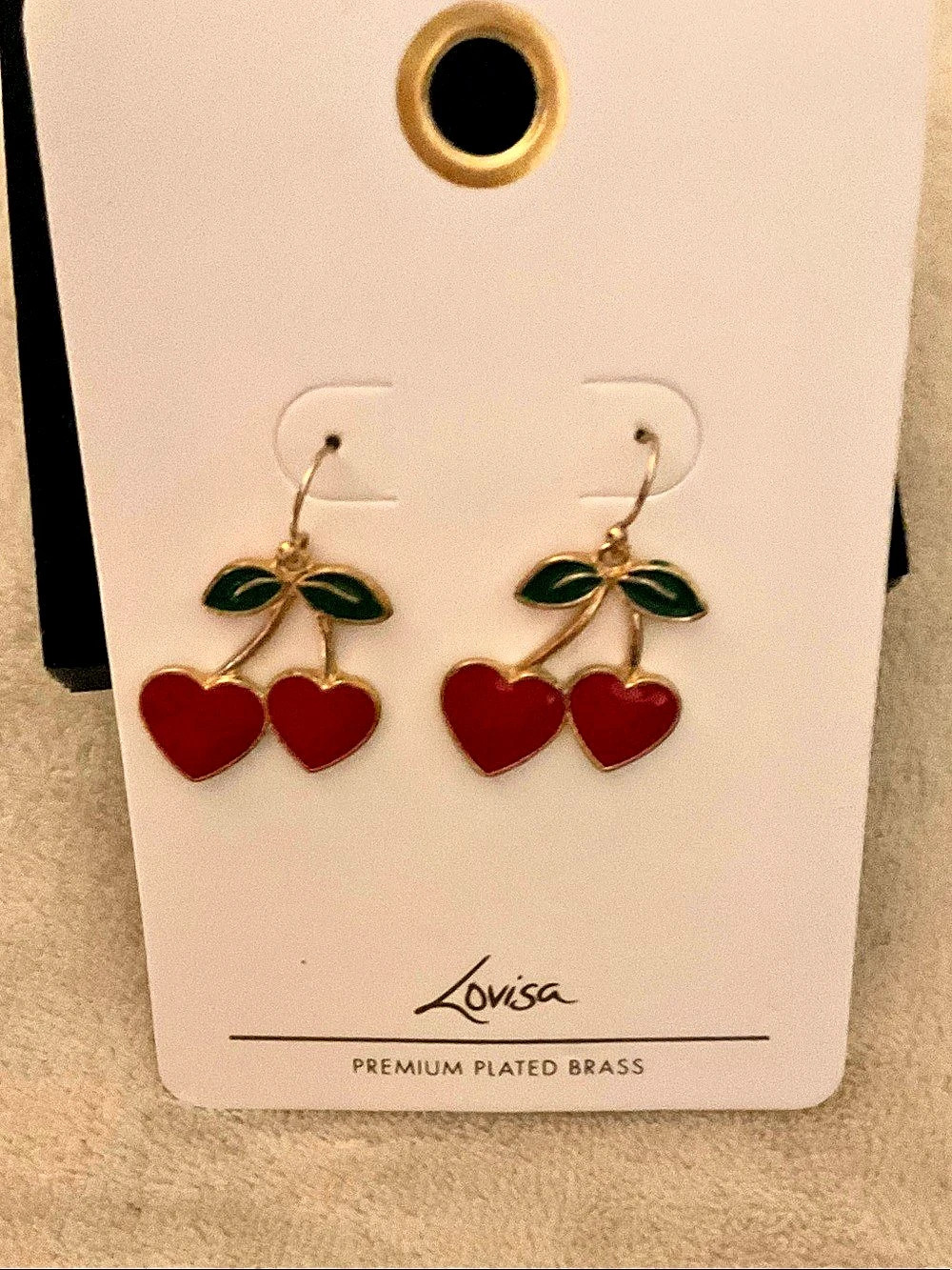 Lovisa Gold Tone Heart Cherry Dangle Earrings Red & Green